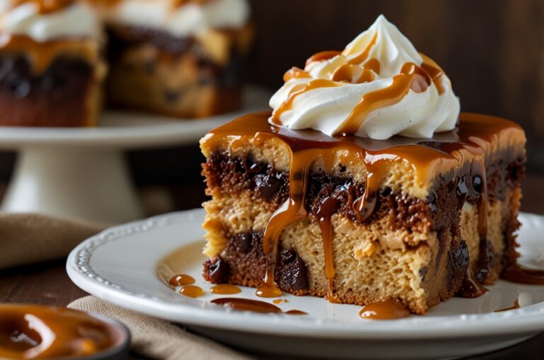 Gooey Caramel Turtle Poke Cake